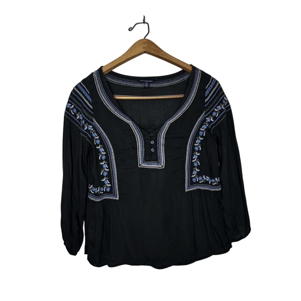 American Eagle Women's Dark Grey‎ lightweight Embroidered Boho Top Small S